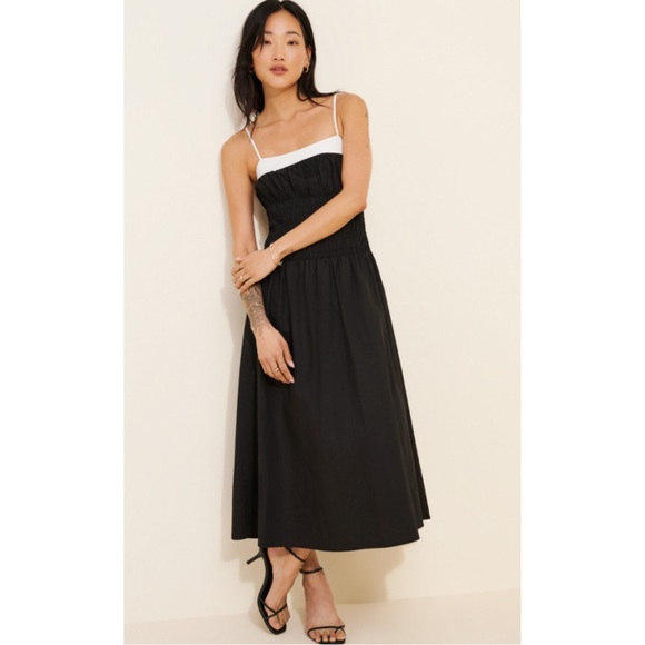 MOON RIVER | Anthropologie Spaghetti Strap Smocked Midi Dress in Black/White,  M